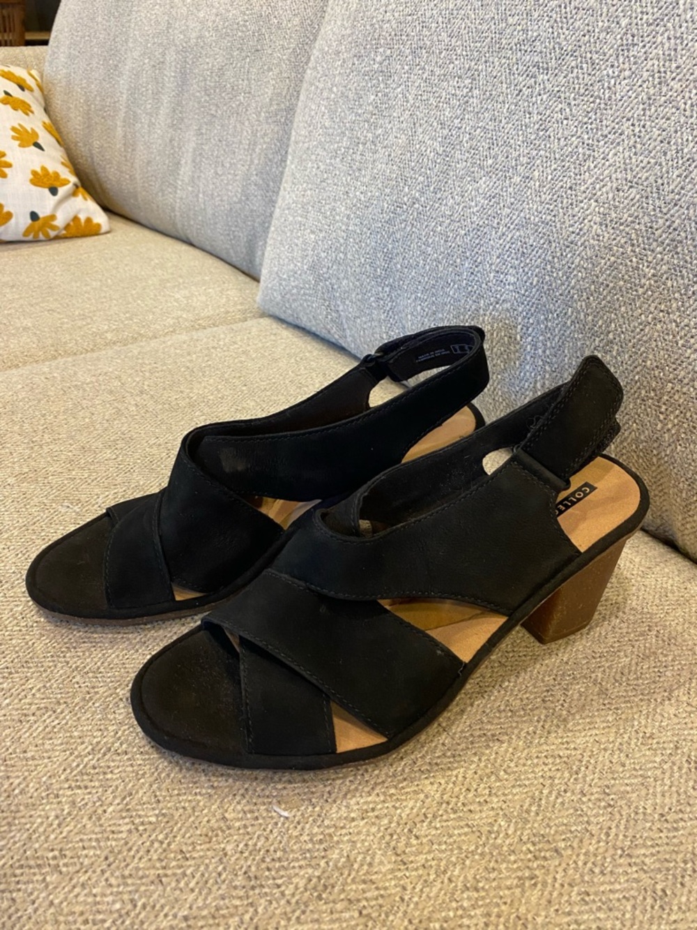 Clarks Black Suede Cross-Strap Block Heel Sandals